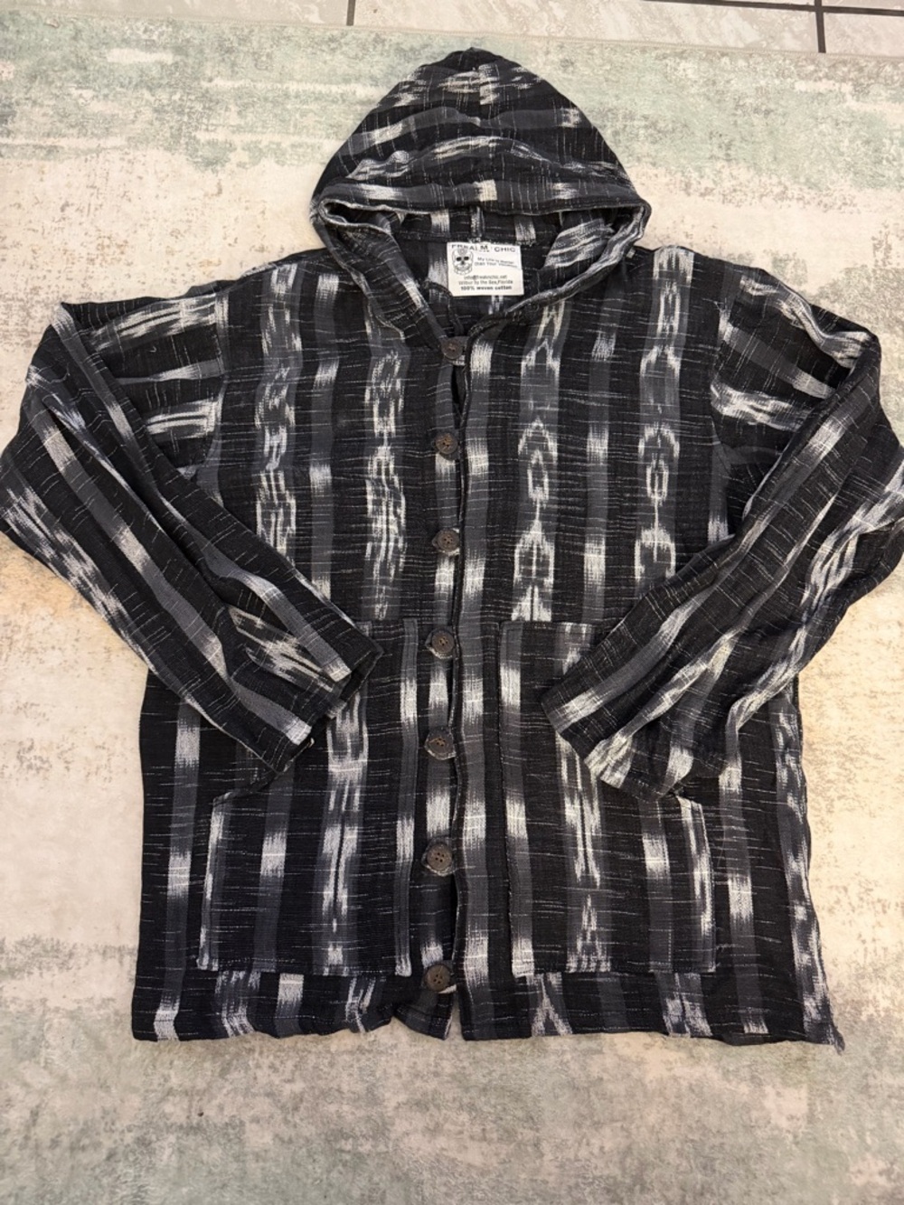 Men’s Woven Cotton Lightweight Black & White Button Up Hooded Jacket Sz Med